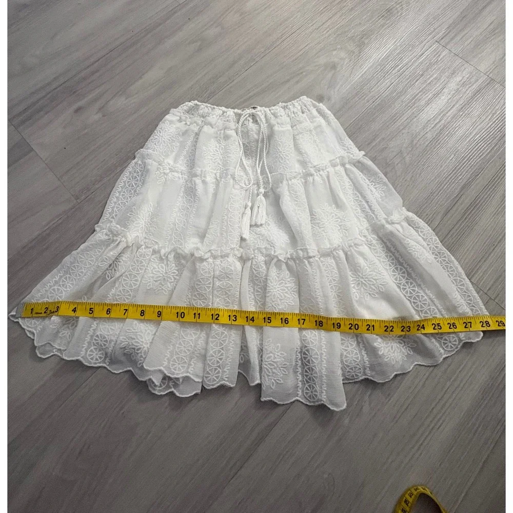 Blu Pepper Mini Skirt Women White Embroidered Tiered Skirt Tassel Drawstring XS